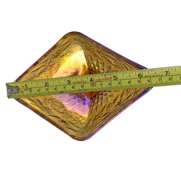 Vintage Iridescent Gold Carnival Glass Diamond Shaped Footed Candy Dish Floral - Picture 9 of 16